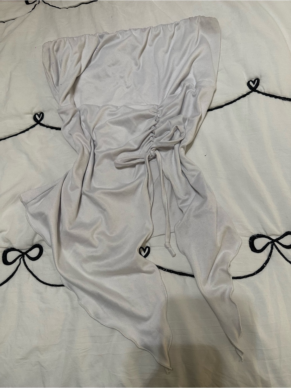 White Ruched Strapless Handkerchief Top